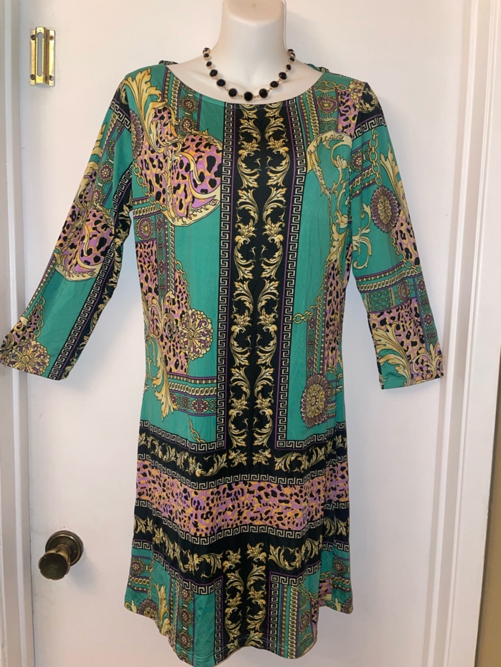 Teal Baroque-Print Long Sleeve Shift Dress